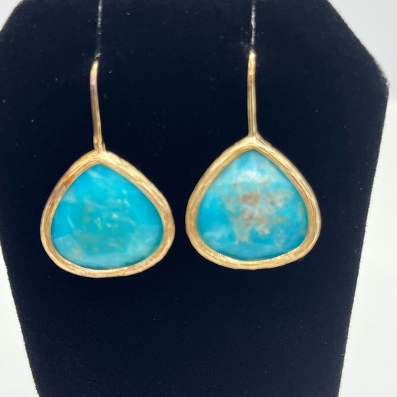 Blue Kingman Turquoise 18KT Yellow Gold Over Sterling Silver Earrings - Picture 5 of 13